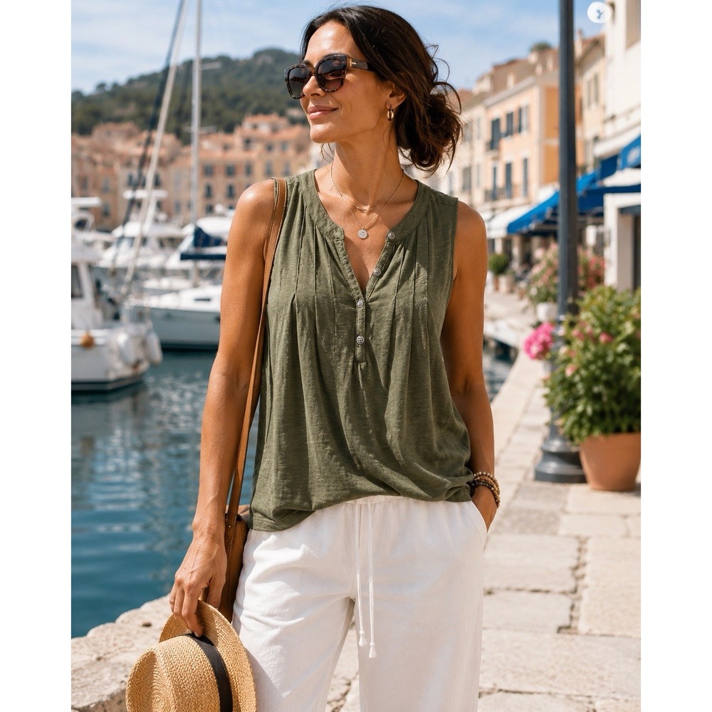 Women's XL Olive Green Pintuck Henley Tank Top Cotton Modal Boho Casual